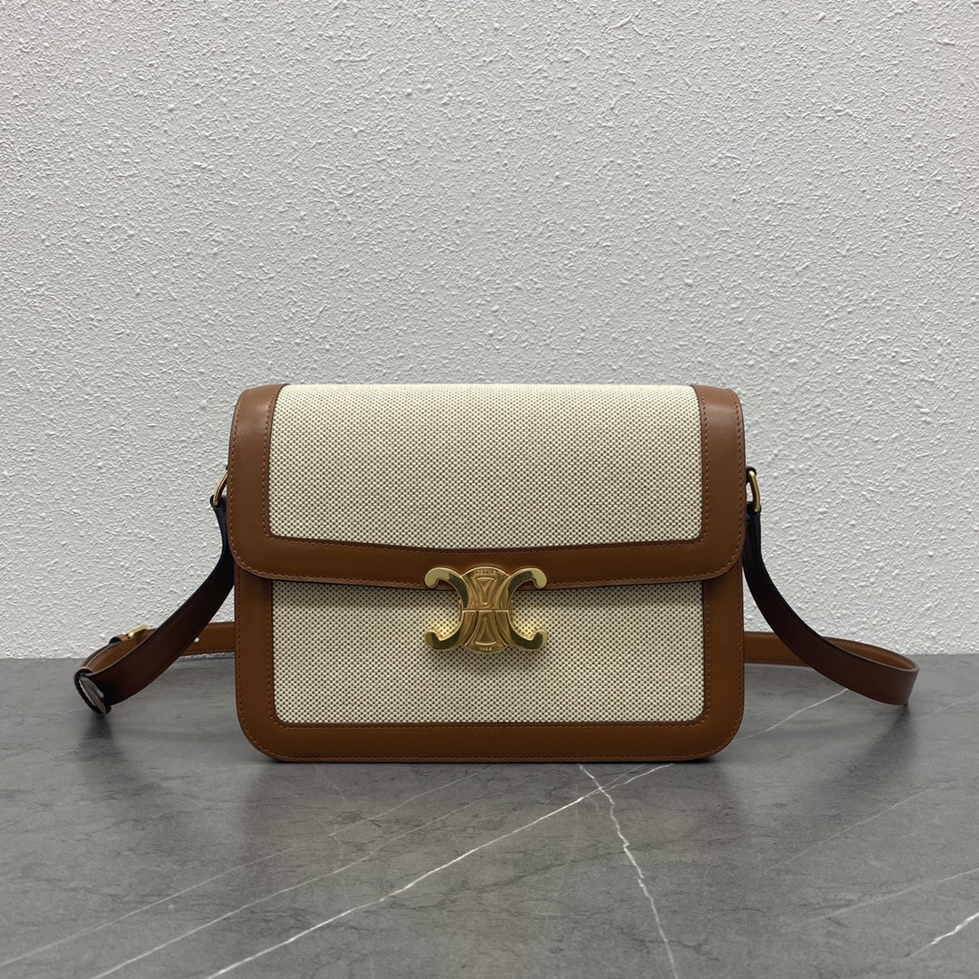 Celine Teen Classique Triomphe Bag In Textile And Calfskin Natural/Tan 191242